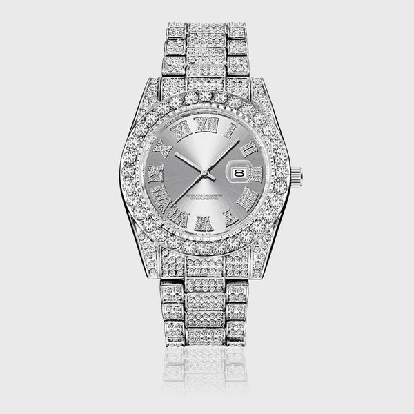 TRIPLE SILVER ICE ROMAN NUMERALS WATCH