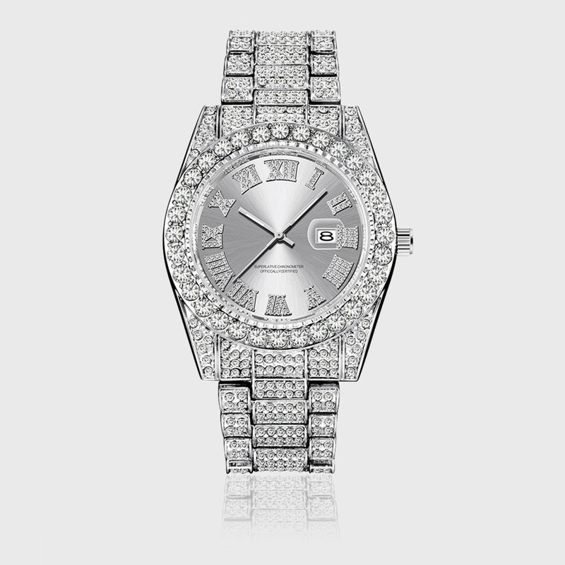 TRIPLE SILVER ICE ROMAN NUMERALS WATCH