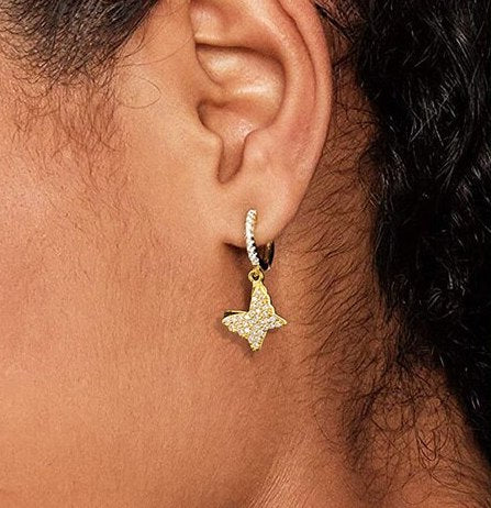 ICED BUTTERFLY DANGLE EARRINGS [18K GOLD)