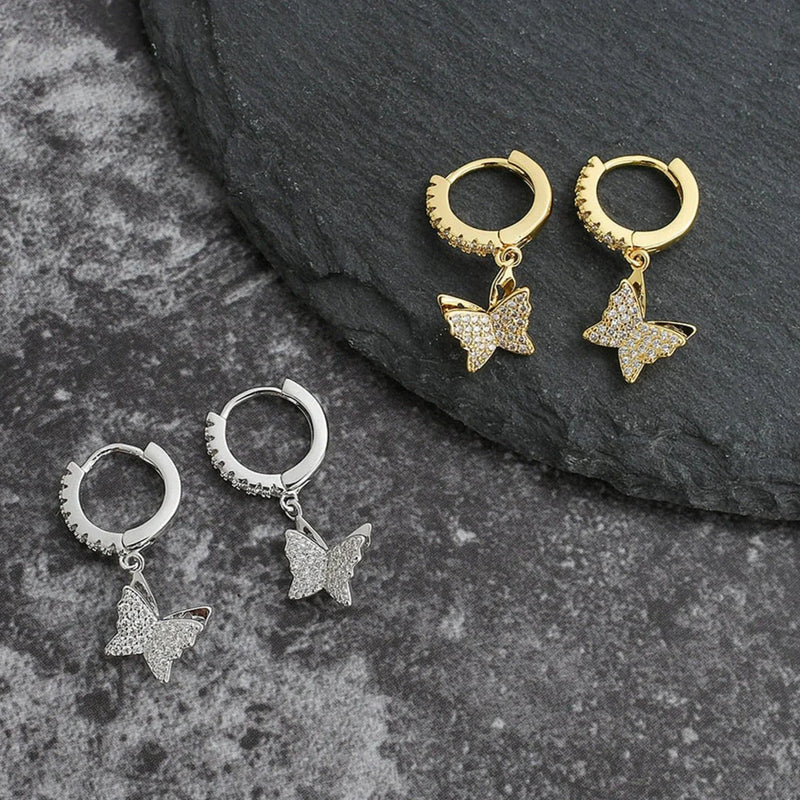 ICED BUTTERFLY DANGLE EARRINGS [18K GOLD)