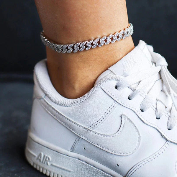 WOMENS ICED CUBAN ANKLET [WHITE GOLD] 8MM - Malvos