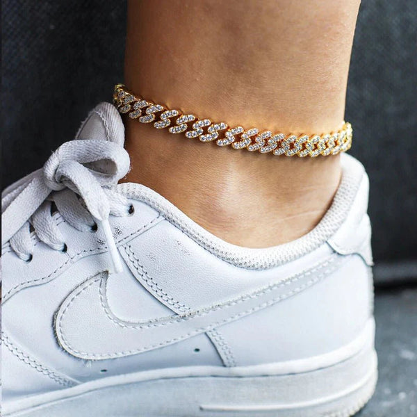 WOMENS ICED CUBAN PRONG ANKLET [GOLD] 8MM - Malvos