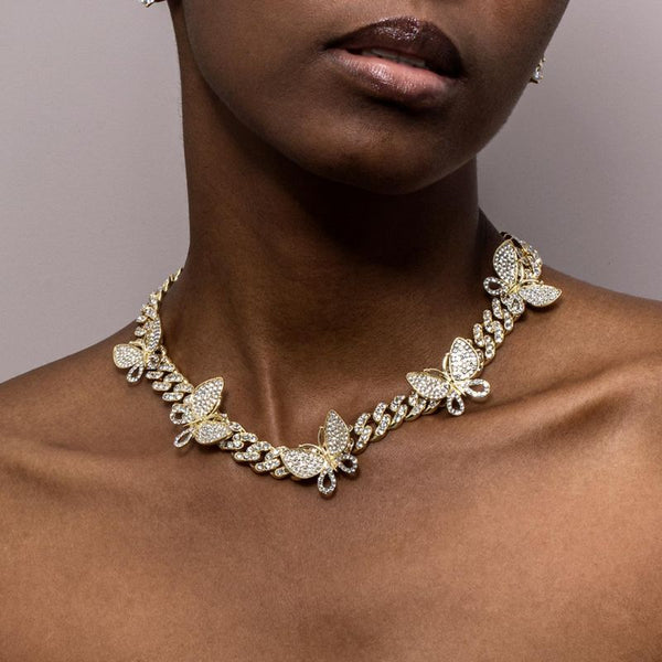 WOMEN'S ICED MIAMI CUBAN LINK CHAIN WITH ROTATING BUTTERFLY [18K GOLD] - Malvos