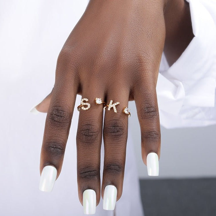 WOMENS MALVOS ICED A-Z INITIAL LETTERS OPEN RING [GOLD] - Malvos